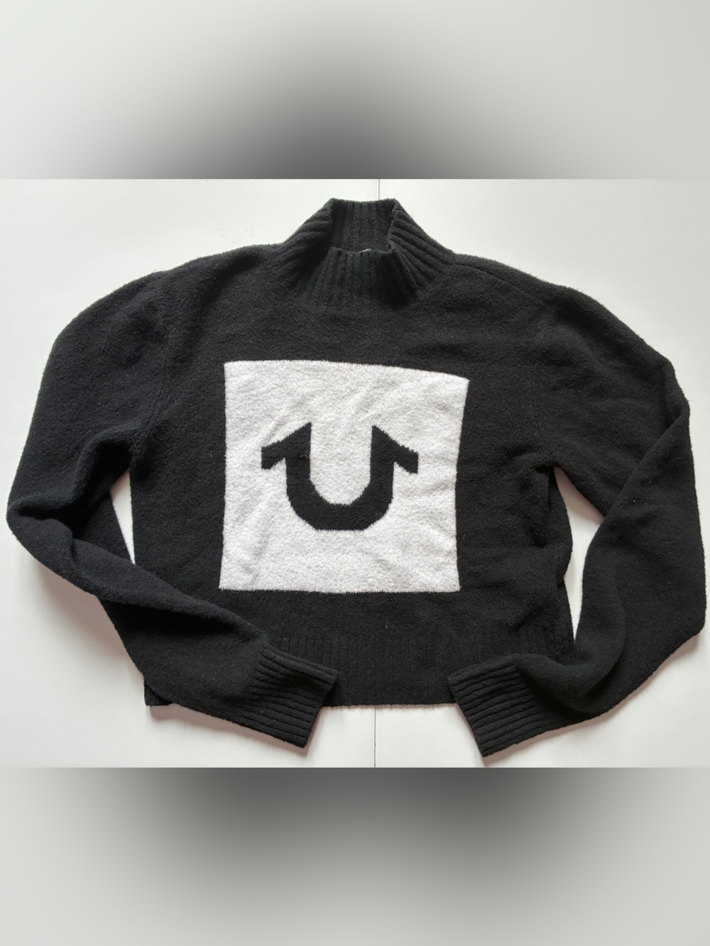 True Religion Black Turtleneck Sweater with White Logo - Size XS